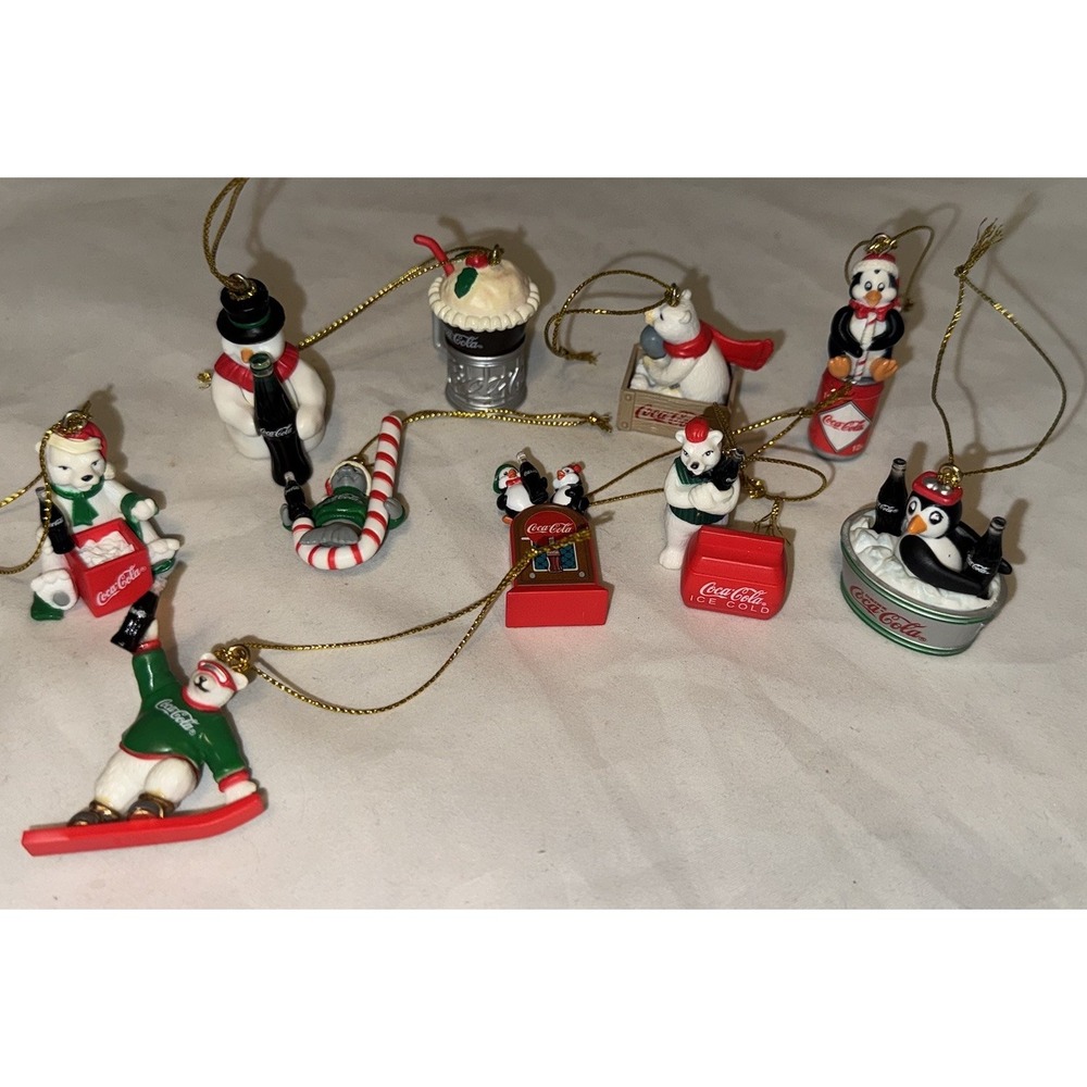 Lot Of 10 Vintage Coca Cola Christmas Ornaments Holiday Polar‎ Bear Santa Bottle